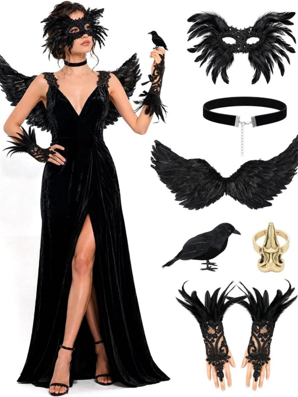 Adult Halloween Crow Costume Set - 6PCS Black Feather Mask & Wings for Women